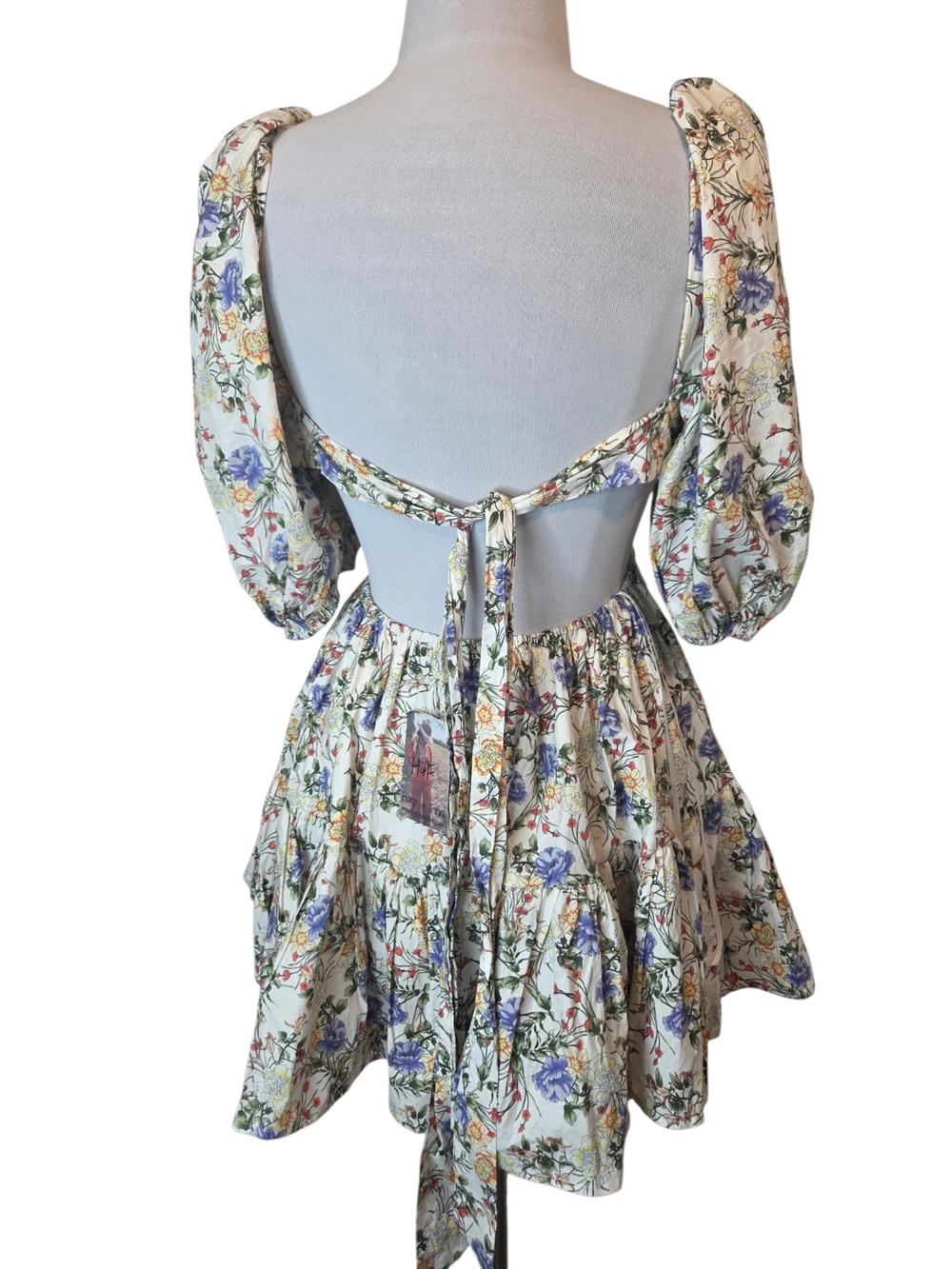 Harp & Finn Mable Floral Open Back Mini Dress W/Puff Sleeves & Ruffle Women's M - Picture 11 of 16